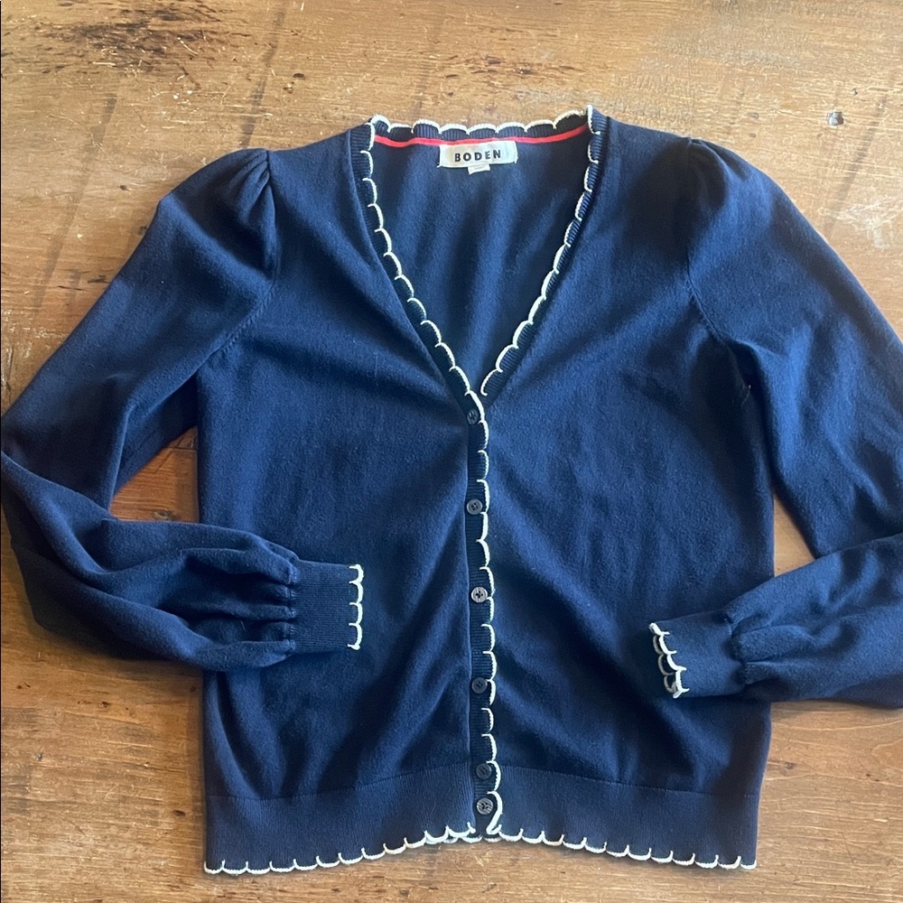 Boden Navy Pru Scallop Trim Cardigan size XS